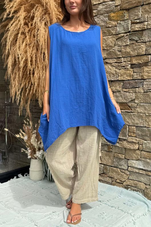 Made in Italy Pia Pillow Cotton Pocketed Dip Side Tank Mediterranean Blue /65 =